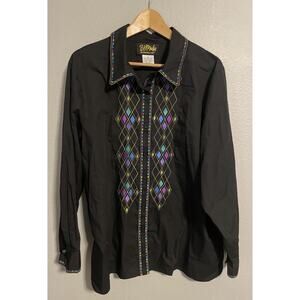 Bob Mackie Wearable Art Womens Button Up XL Black Embroidered Lightweight Artsy
